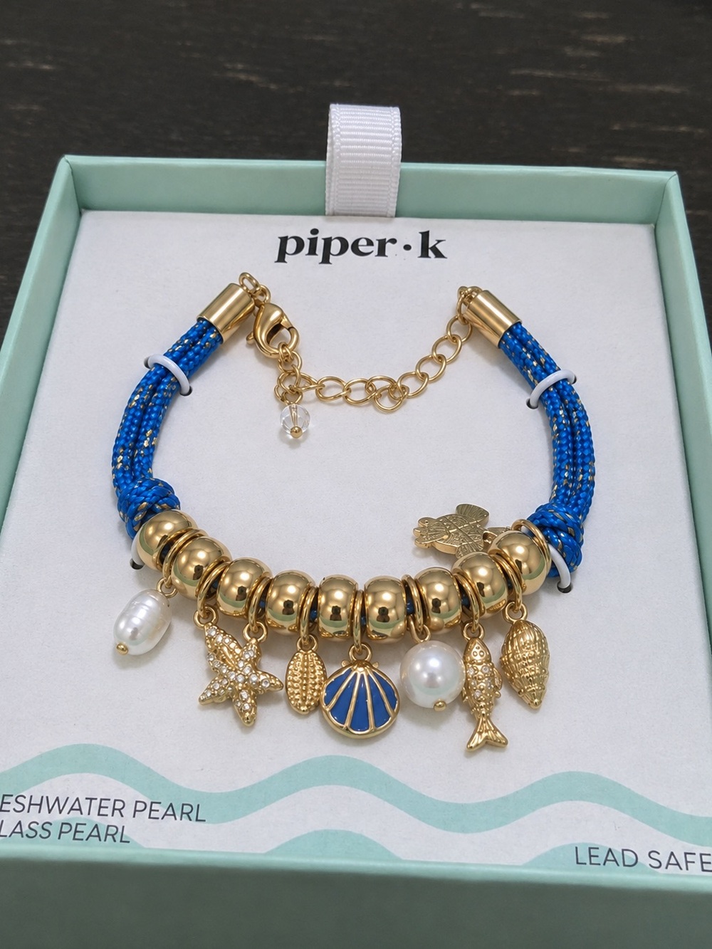 Piper Blue Cord and Gold Seaside Charm Bracelet